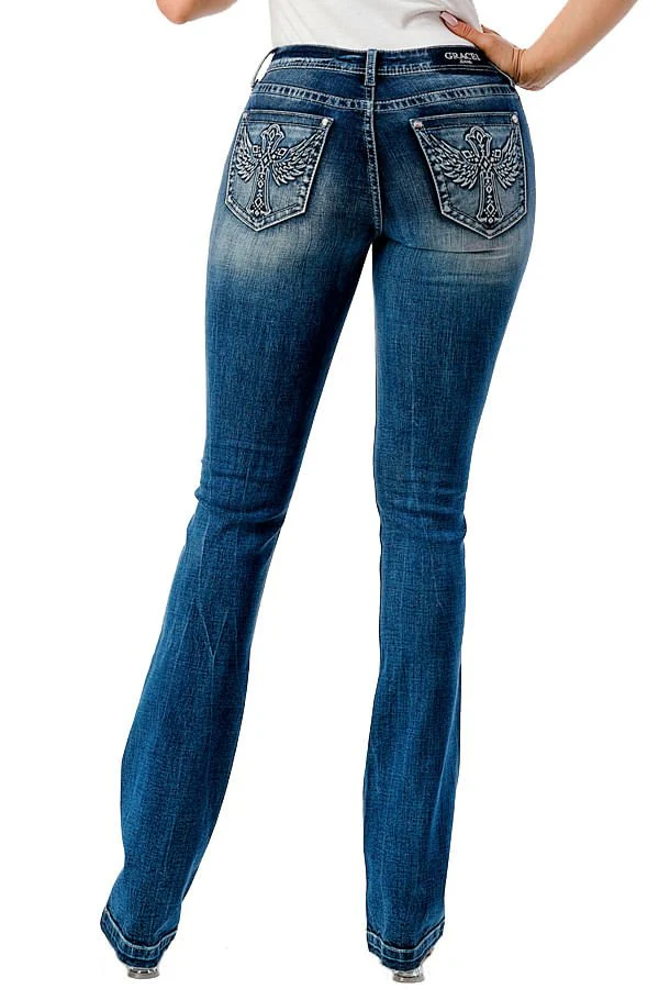 Grace in LA 3D Wing Mid Rise Bootcut Jeans - Stylemaxs