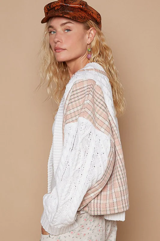 POL Cable-Knit Plaid V-Neck Button Up Cardigan - Stylemaxs