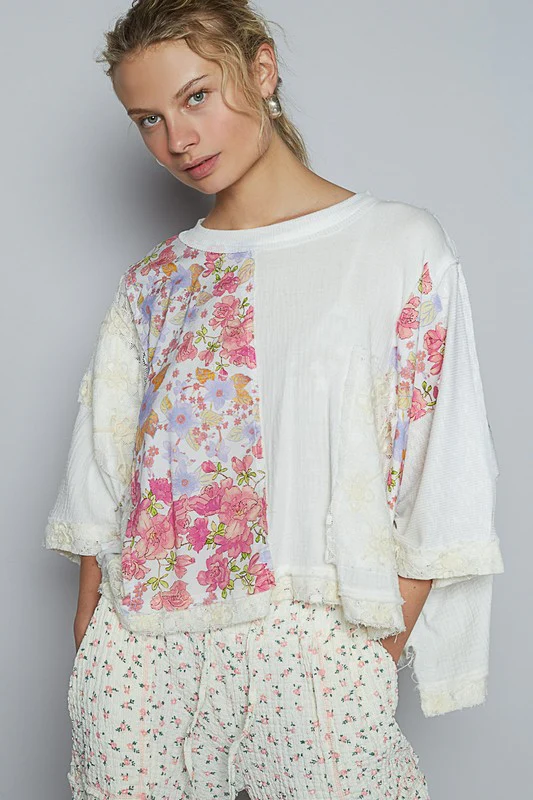 POL Floral Lace Patch Round Neck Double Gauze Top - Stylemaxs