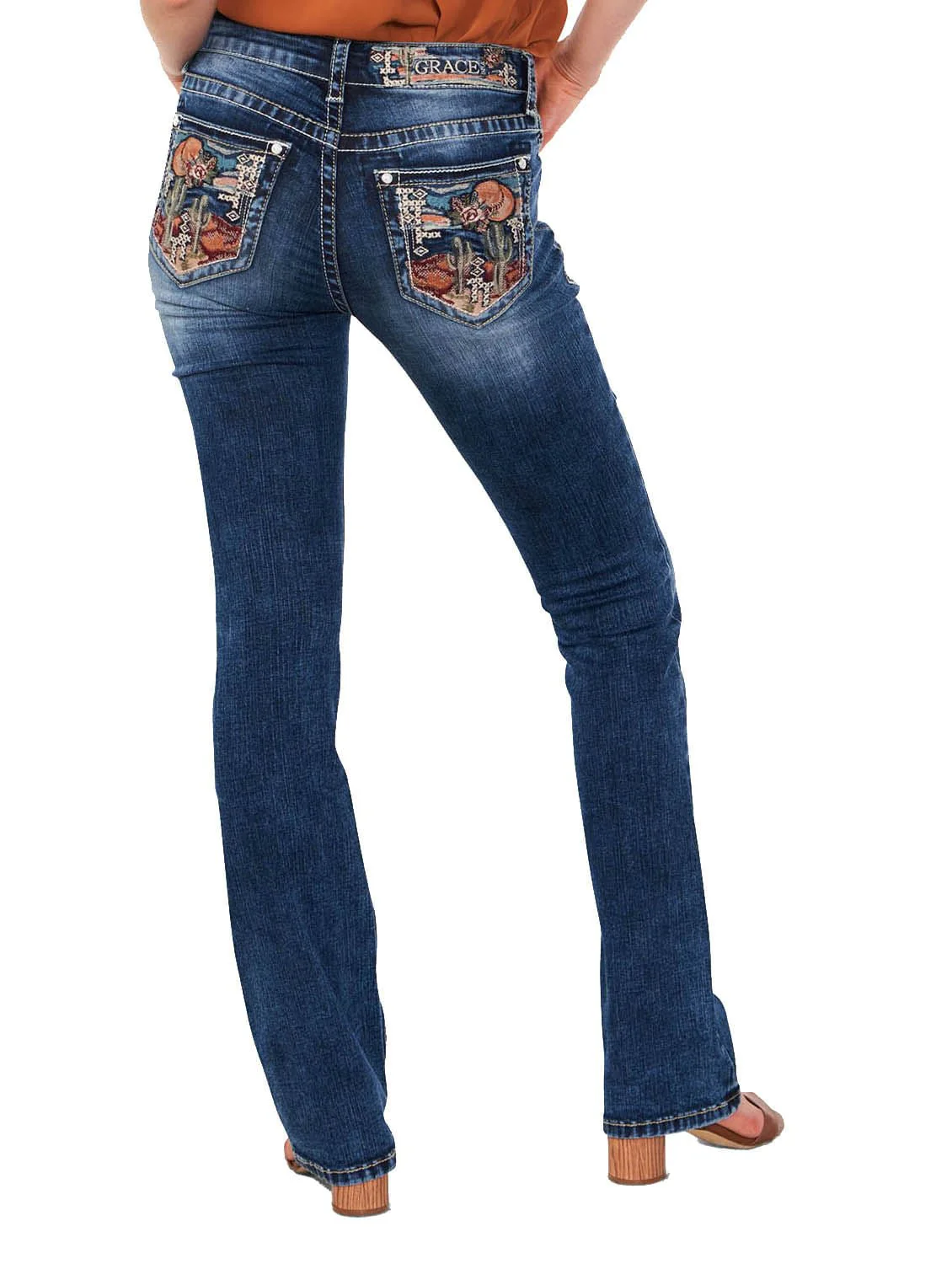 Grace in LA Cactus Scene Embroidered Mid Rise Bootcut Jeans - Stylemaxs