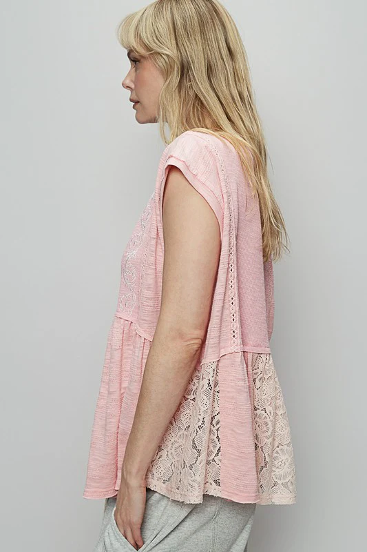 POL Embroidered Detail Boat Neck Cap Sleeve Lace Blouse - Stylemaxs