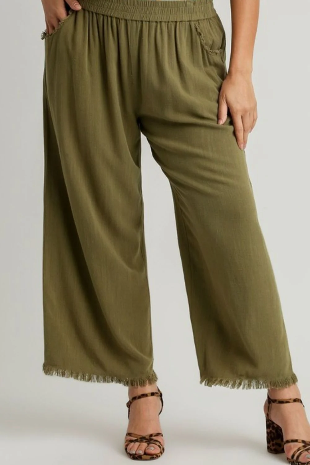 Umgee Full Size Linen Blend Elastic Waistband Wide Leg Pants Plus Size - Stylemaxs