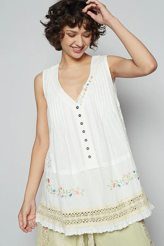 POL Embroidered Lace Detail V-Neck Sleeveless Top - Stylemaxs