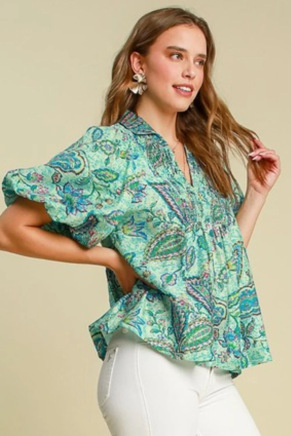 Umgee Full Size Woven Abstract Print Johnny Collar Puff Sleeve Blouse Plus Size - Stylemaxs