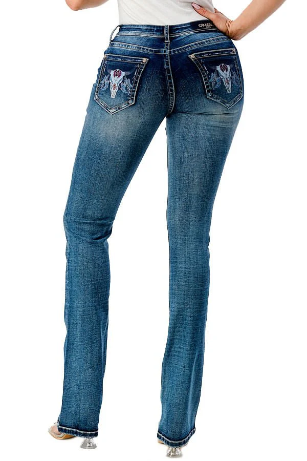 Grace in LA Steer Head Print Mid Rise Bootcut Jeans - Stylemaxs