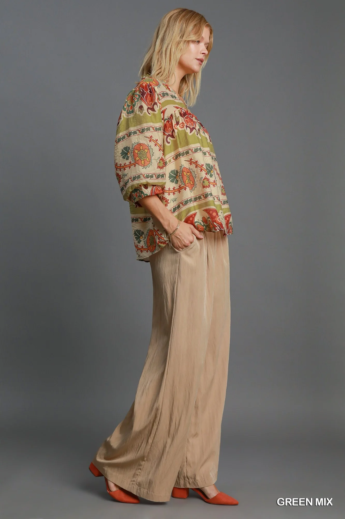 Umgee Full Size Border Print Notched 3/4 Puff Sleeve Blouse Plus Size - Stylemaxs